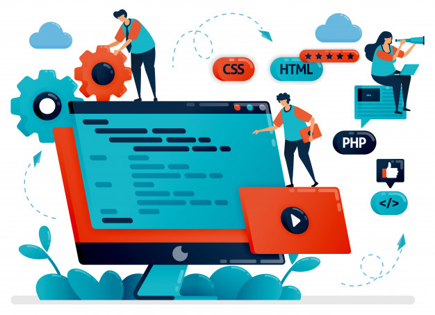 illustration-designing-program-web-apps-monitor-screen-desktop-teamwork-developing-programming-debugging-development-process_4968-758